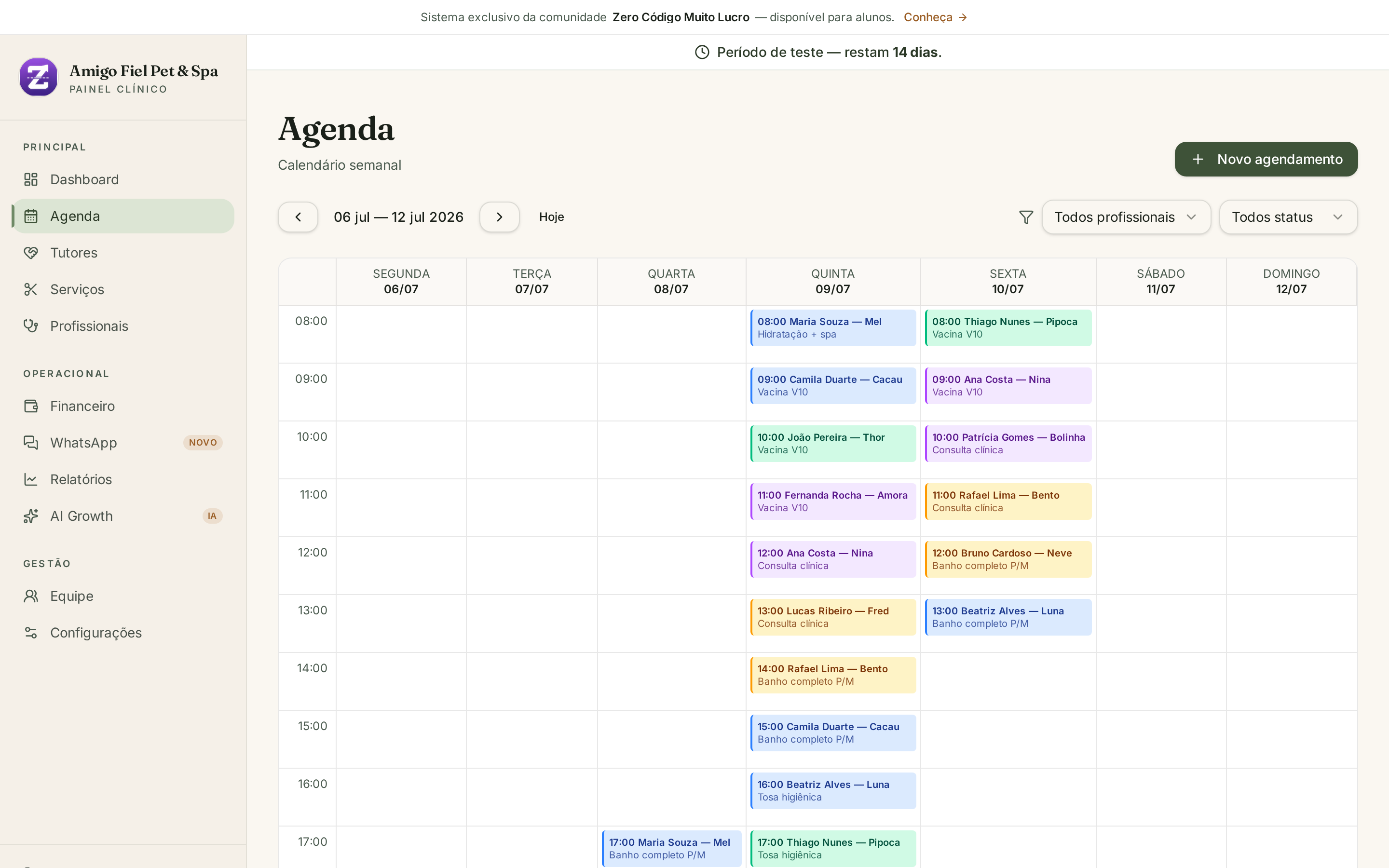 Calendário semanal da agenda do Pet Z.