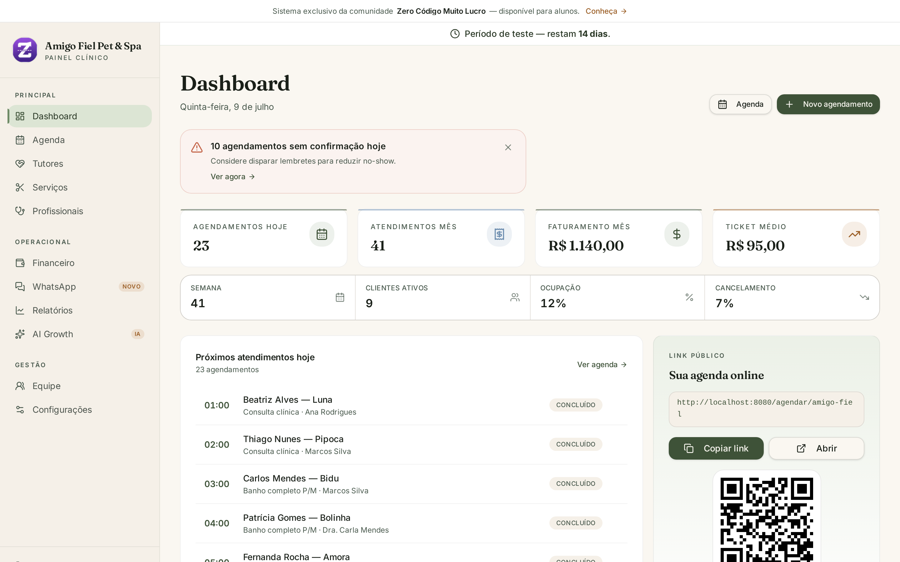 Dashboard Pet Z com KPIs, alertas e link público.
